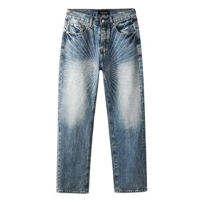 Stylish Blue Denim Jeans Men Straight Leg Pants with Sunburst Embroidery 9138