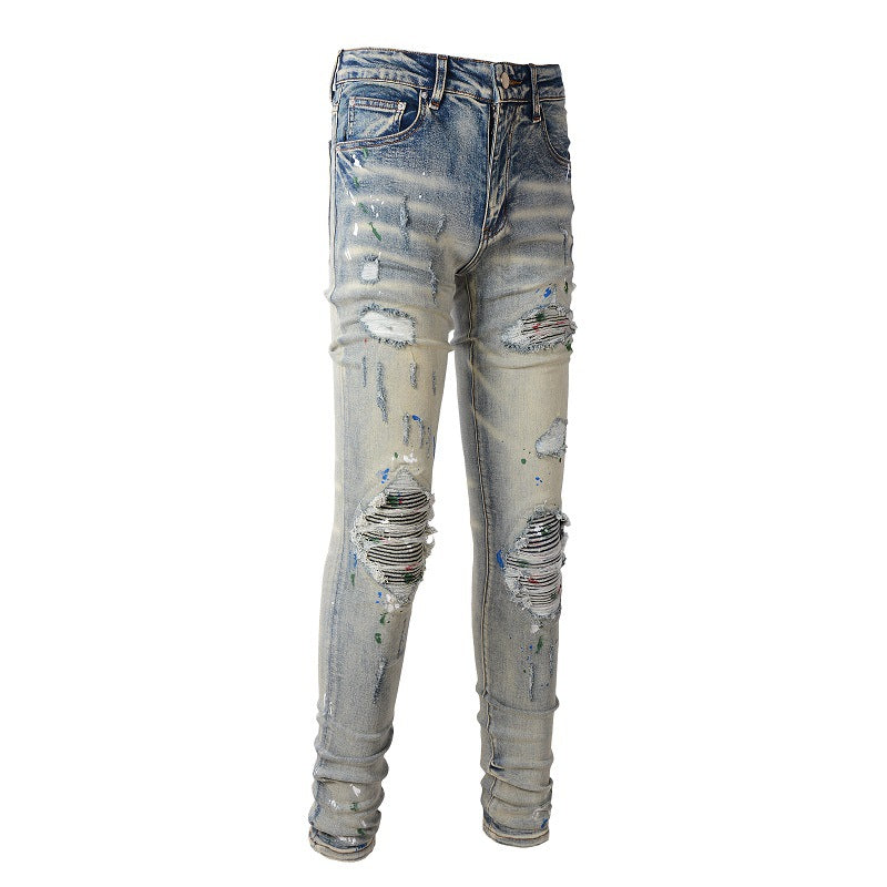 European and American High Street Ink Graffiti Ripped Patch Stretch Slim Jeans (883-8811)
