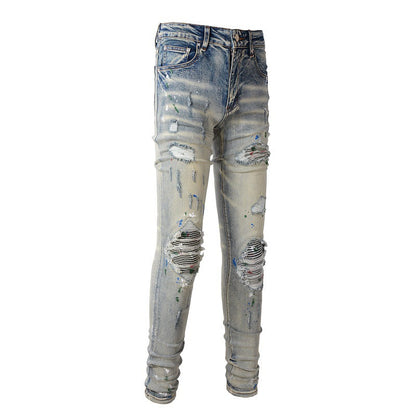European and American High Street Ink Graffiti Ripped Patch Stretch Slim Jeans (883-8811)