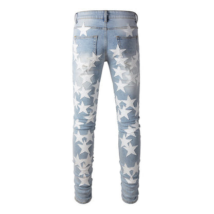 690 High Street Sticky White Star Trend Jeans High Craft Elastic Slim Fit Small Foot Jeans