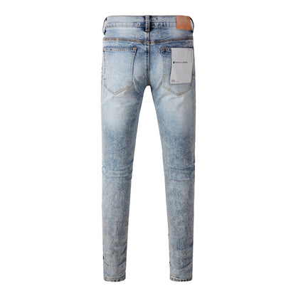New Pop Style Purple Mens Bleach Pants Made Old Skinny Blue Denim Jeans 9053