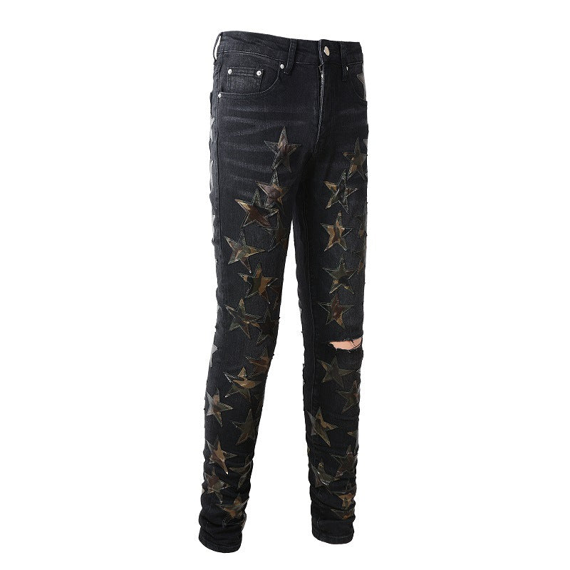 Pantalones vaqueros elásticos ajustados de alta calidad con estrellas de High Street y rotos #873