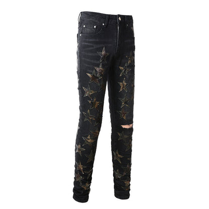 Pantalones vaqueros elásticos ajustados de alta calidad con estrellas de High Street y rotos #873