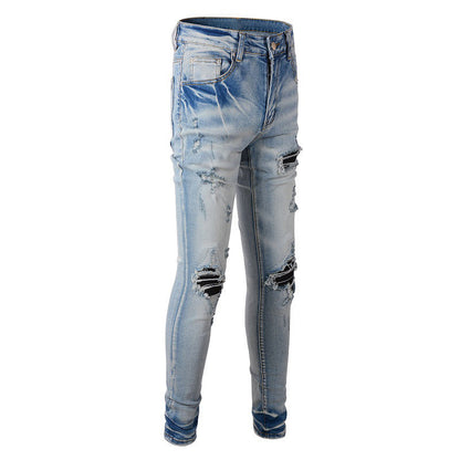 High Street Trendy Jeans Men's Ripped Patch Jeans Trendy Slim-Fit Pants 848