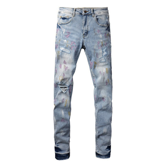Trendy Brand Jeans Colorful Ink Splashing Graffiti Ripped Jeans Elastic Slim Denim #6901