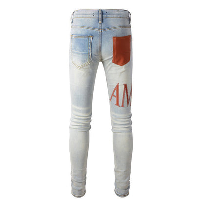 Vaqueros rotos con parches estilo callejero europeo y americano, pantalones ajustados de mezclilla estilo High Street #840
