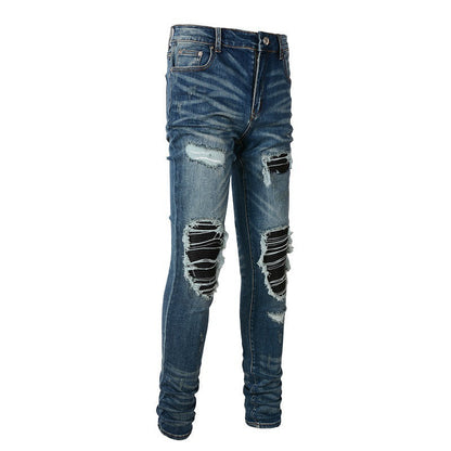 High Street Trend Jeans Trendy Men's Ripped Patch Beggar Jeans 6612