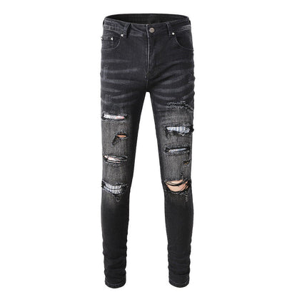 Jeans ajustados de mezclilla rasgados, microelásticos, de algodón, juveniles, con salpicaduras de pintura negra y estampado en la espalda #859