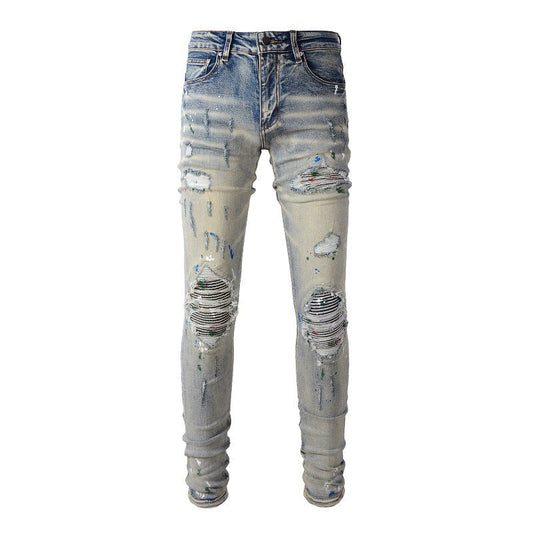 European and American High Street Ink Graffiti Ripped Patch Stretch Slim Jeans (883-8811)
