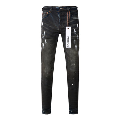 Mens Purple Ripped Jeans Stylish Slim Fit Black Paint High Street Denim Pants 9036