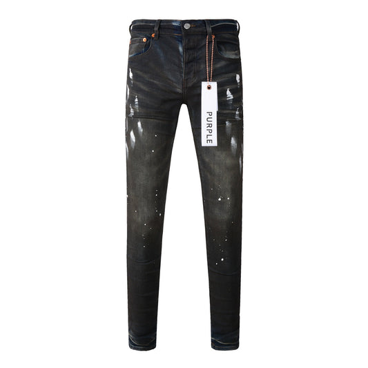 Mens Purple Ripped Jeans Stylish Slim Fit Black Paint High Street Denim Pants 9036