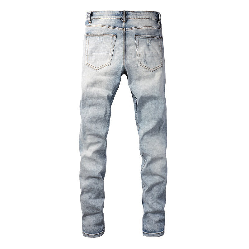 Cross-border Tide Brand Hole Patch Colorful Gradual Change Jeans Elastic Slim High Street Jeans 6646