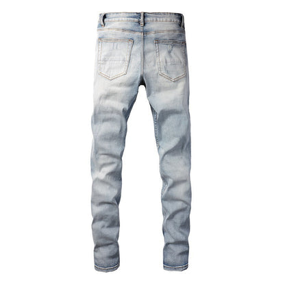 Cross-border Tide Brand Hole Patch Colorful Gradual Change Jeans Elastic Slim High Street Jeans 6646