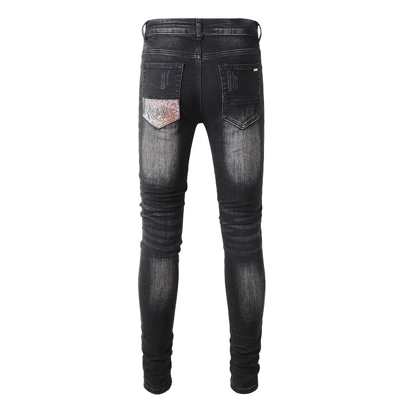 Jeans ajustados de mezclilla rasgados, microelásticos, de algodón, juveniles, con salpicaduras de pintura negra y estampado en la espalda #859