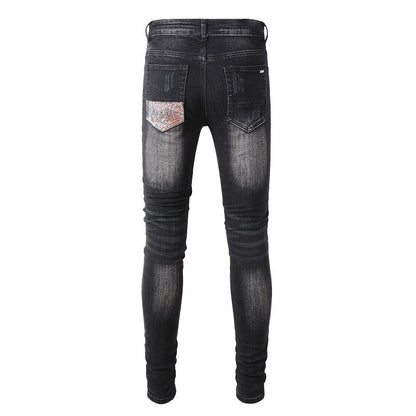 Jeans ajustados de mezclilla rasgados, microelásticos, de algodón, juveniles, con salpicaduras de pintura negra y estampado en la espalda #859