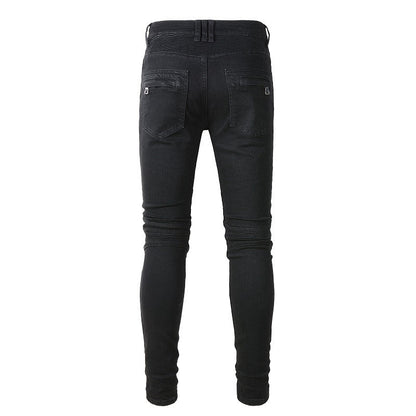 High Street Trend Multi-Pocket Stretch Slim-Fit Pants Knee Folds Locomotive Jeans 964