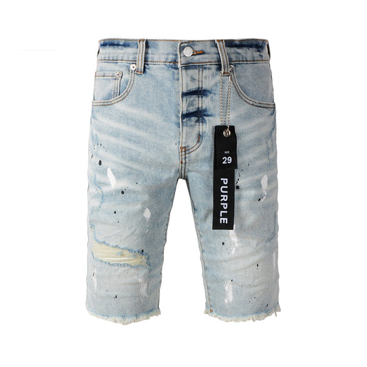 Pantalones Cortos Vaqueros Vintage Salpicados de Tinta con Personalidad para Hombre New Jeans 5006