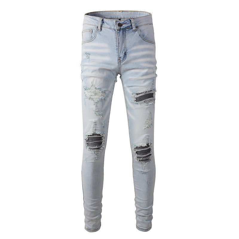 High Street Trend Light Blue Patch Embroidery Flower Patch Slim Fit Ripped Jeans Men 6699