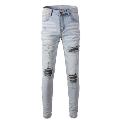 High Street Trend Light Blue Patch Embroidery Flower Patch Slim Fit Ripped Jeans Men 6699