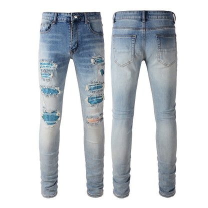 Blue Diamond Hot Diamond Jeans Ripped High Street Patch Stretch Slim Jeans 6566