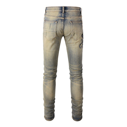 Retro Trendy Brand Embroidered Cobra Ripped Patch Jeans Elastic Slim Denim 6611