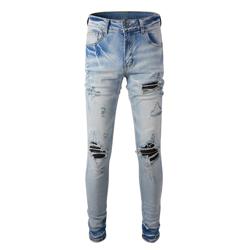 High Street Trendy Jeans Men's Ripped Patch Jeans Trendy Slim-Fit Pants 848