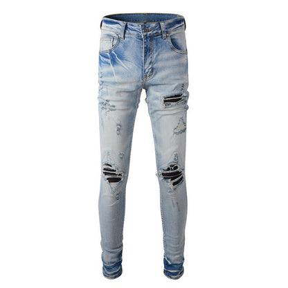 High Street Trendy Jeans Men's Ripped Patch Jeans Trendy Slim-Fit Pants 848