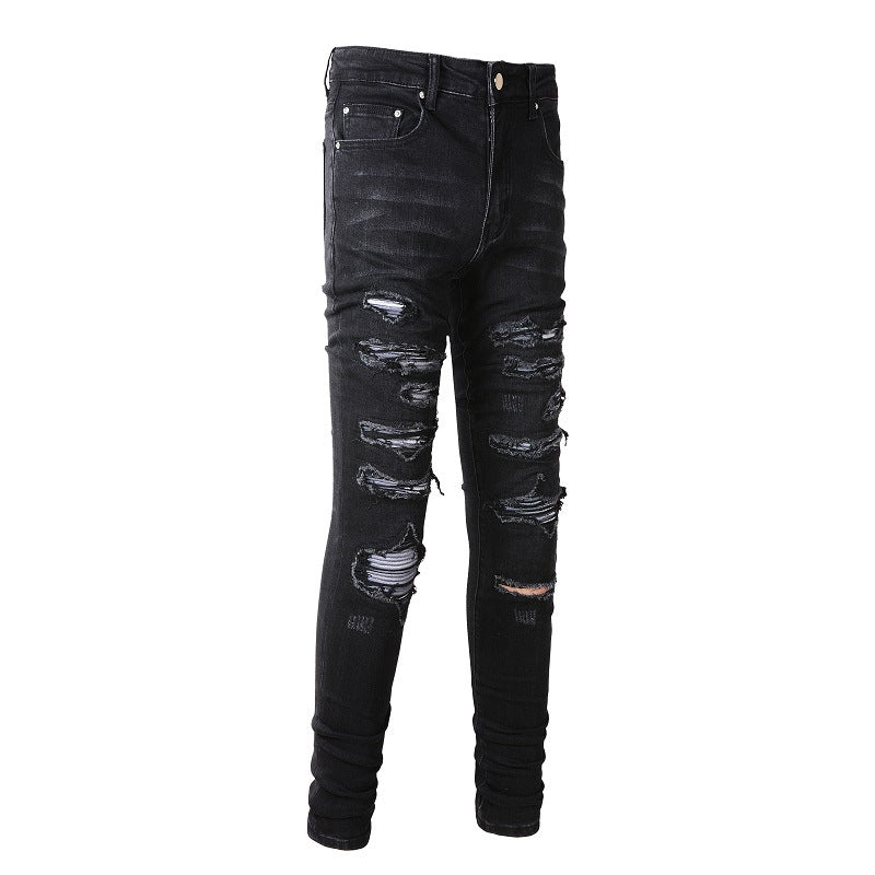 Vaqueros desgarrados de moda urbana europea y americana, pantalones elásticos ajustados de marea urbana para hombres #(891-8833)