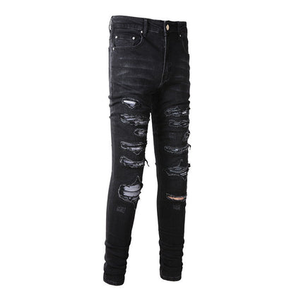 Vaqueros desgarrados de moda urbana europea y americana, pantalones elásticos ajustados de marea urbana para hombres #(891-8833)