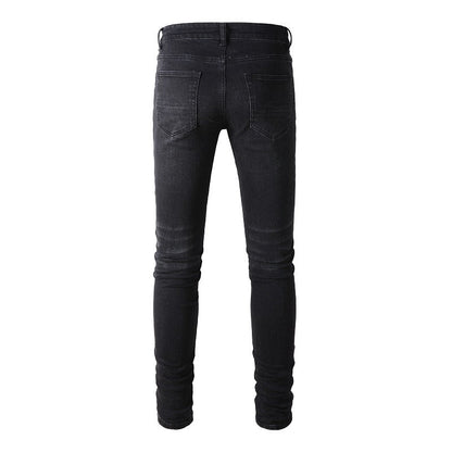 Vaqueros desgarrados de moda urbana europea y americana, pantalones elásticos ajustados de marea urbana para hombres #(891-8833)