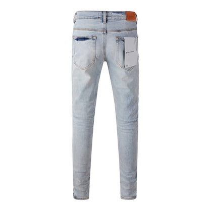 9048 Mens Purple Skinny Jeans with Ripped Detail Fashionable Denim Biker Pants with Patches and Printed Design Jeans Purple