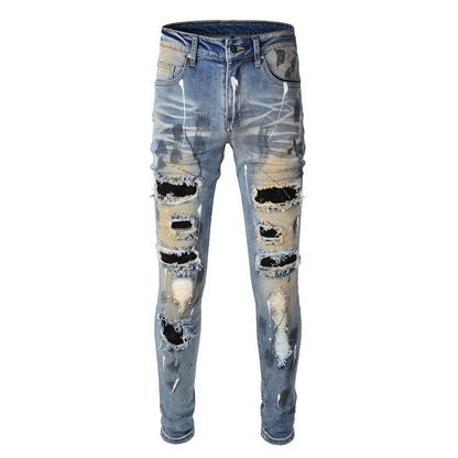 European and American Trendy Brand Old Retro Hot Diamond Splashing Ink Patch Elastic Slim Small Foot Jeans (523-6523)