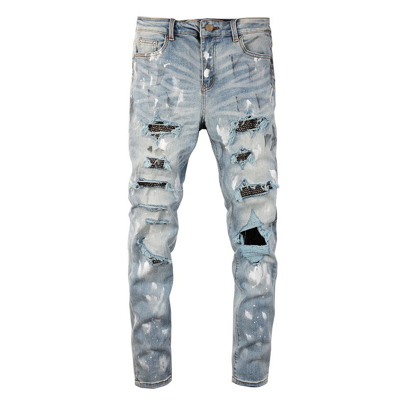 Cross-border Slim fit High Street Jeans Trendy Brand Paint Diamond encrusted Ripped Patch Men's Jeans 6626