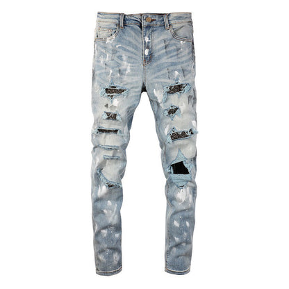 Cross-border Slim fit High Street Jeans Trendy Brand Paint Diamond encrusted Ripped Patch Men's Jeans 6626