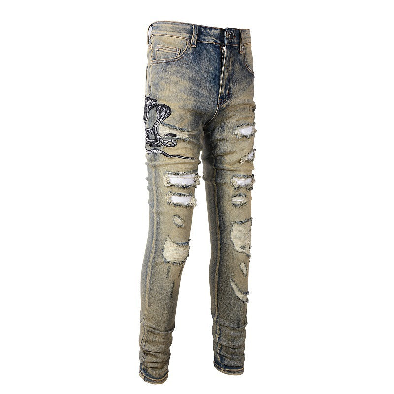 Retro Trendy Brand Embroidered Cobra Ripped Patch Jeans Elastic Slim Denim 6611