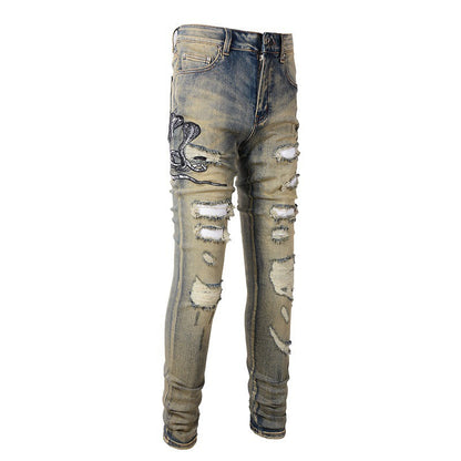 Retro Trendy Brand Embroidered Cobra Ripped Patch Jeans Elastic Slim Denim 6611