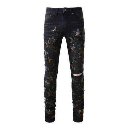Pantalones vaqueros elásticos ajustados de alta calidad con estrellas de High Street y rotos #873