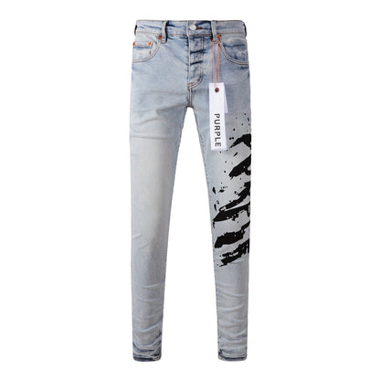9048 Mens Purple Skinny Jeans with Ripped Detail Fashionable Denim Biker Pants with Patches and Printed Design Jeans Purple