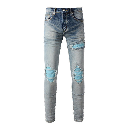 Jeans Homme Tendance Ripped Effet Patch Bleu Style Coréen #1332