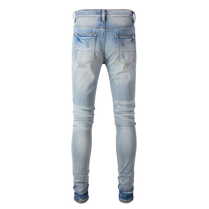 High Street Trendy Jeans Men's Ripped Patch Jeans Trendy Slim-Fit Pants 848