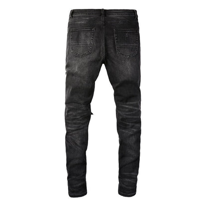 8806 Marque Tendance Rétro Jeans Patch Déchiré Jeans Homme Élastique, Slim et Fin