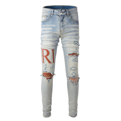 Vaqueros rotos con parches estilo callejero europeo y americano, pantalones ajustados de mezclilla estilo High Street #840