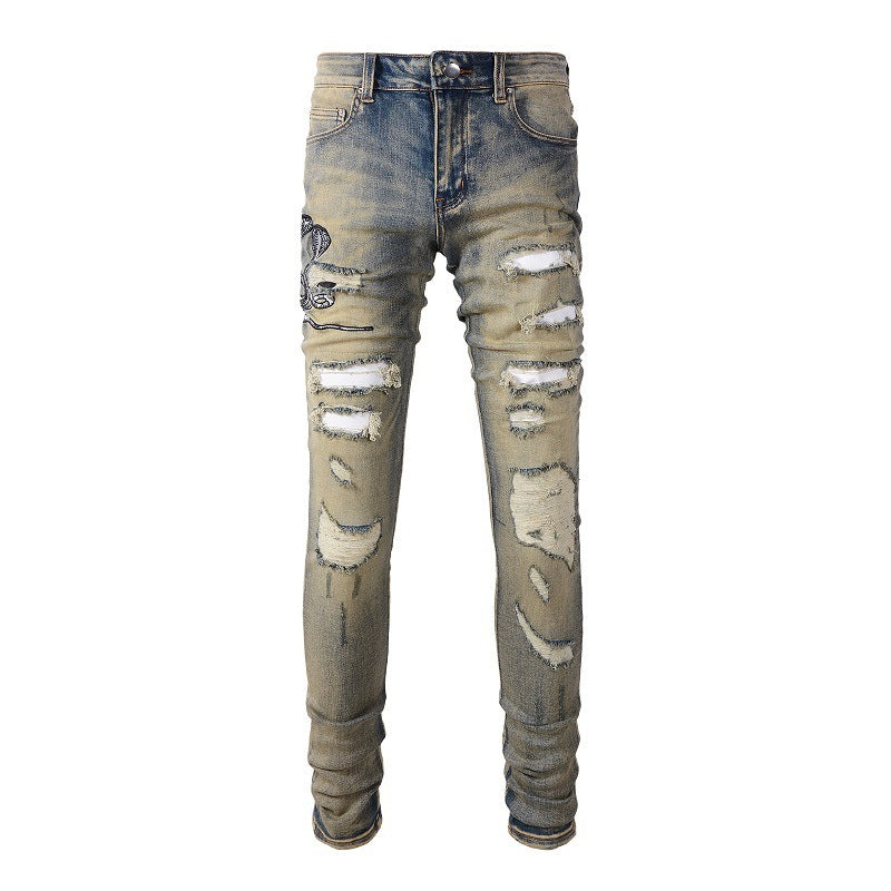Retro Trendy Brand Embroidered Cobra Ripped Patch Jeans Elastic Slim Denim 6611