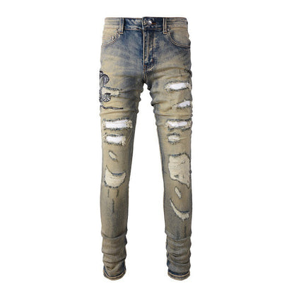 Retro Trendy Brand Embroidered Cobra Ripped Patch Jeans Elastic Slim Denim 6611