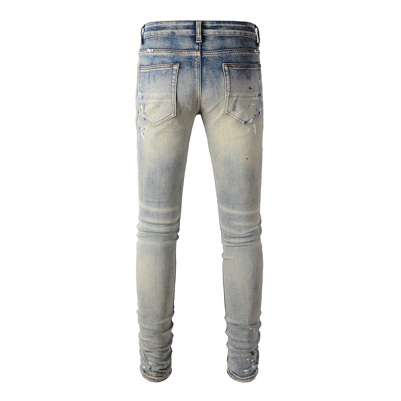 European and American High Street Ink Graffiti Ripped Patch Stretch Slim Jeans (883-8811)
