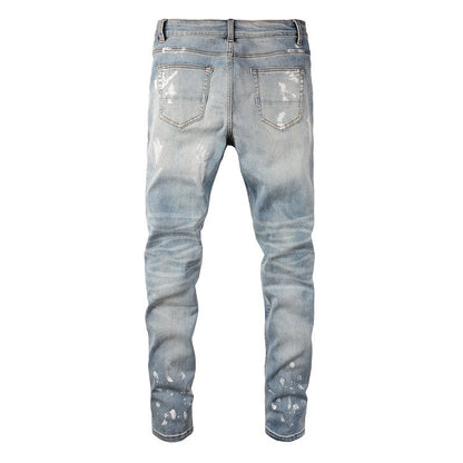 Cross-border Slim fit High Street Jeans Trendy Brand Paint Diamond encrusted Ripped Patch Men's Jeans 6626