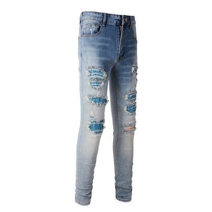 Blue Diamond Hot Diamond Jeans Ripped High Street Patch Stretch Slim Jeans 6566
