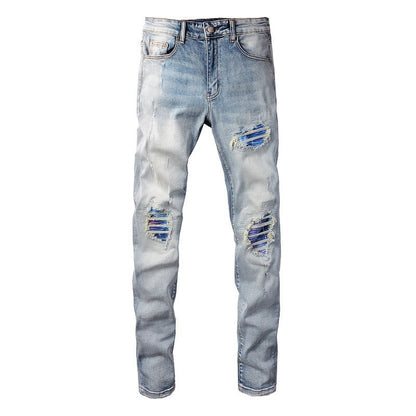 Cross-border Tide Brand Hole Patch Colorful Gradual Change Jeans Elastic Slim High Street Jeans 6646