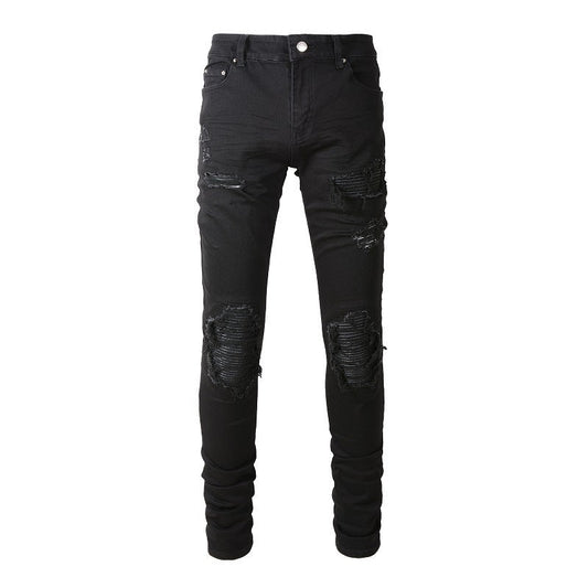 Jeans noirs slim pour homme avec déchirures aux genoux et empiècements côtelés superposés pour un style urbain élégant (602-8520)
