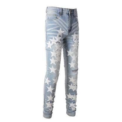 690 High Street Sticky White Star Trend Jeans High Craft Elastic Slim Fit Small Foot Jeans